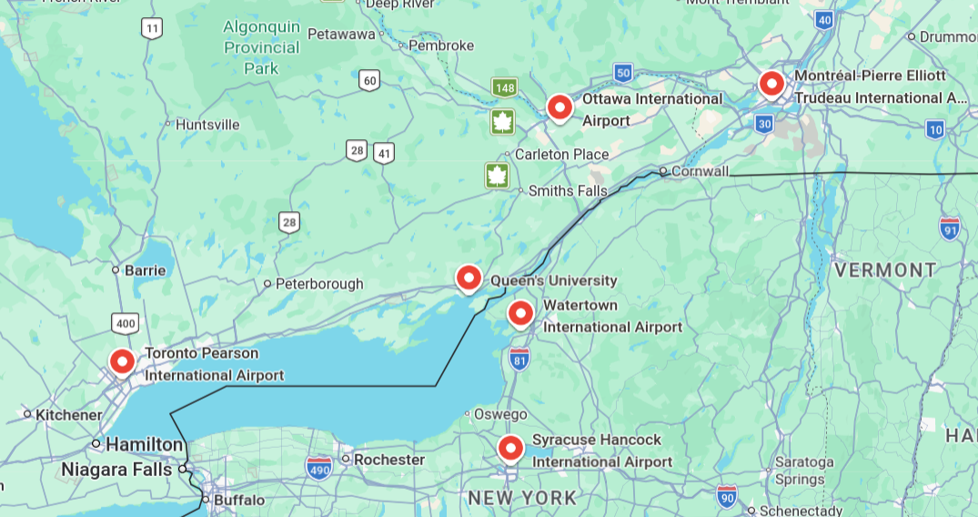 Map of viable airports one could use to access Kingston